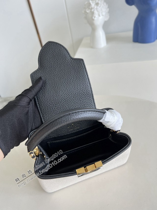 LV專櫃2023新款Capucines迷你手袋 M48865黑拼帆布刺繡 路易威登Capucines搭蓋手提肩背女包 dn1125